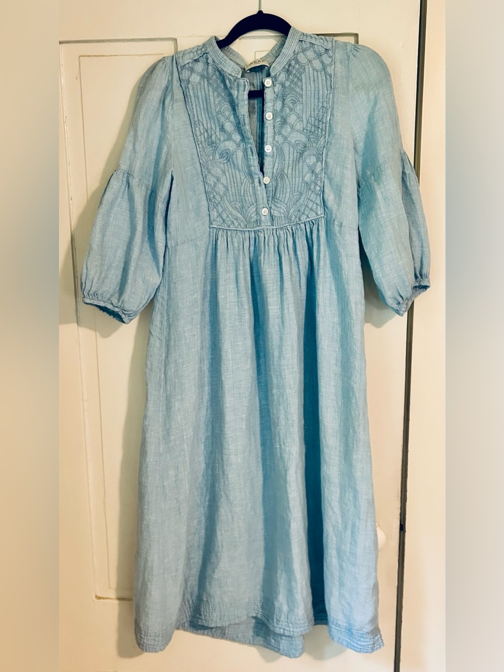 Wrap London 100% Linen Light Blue Embroidered long sleeve Midi Dress.